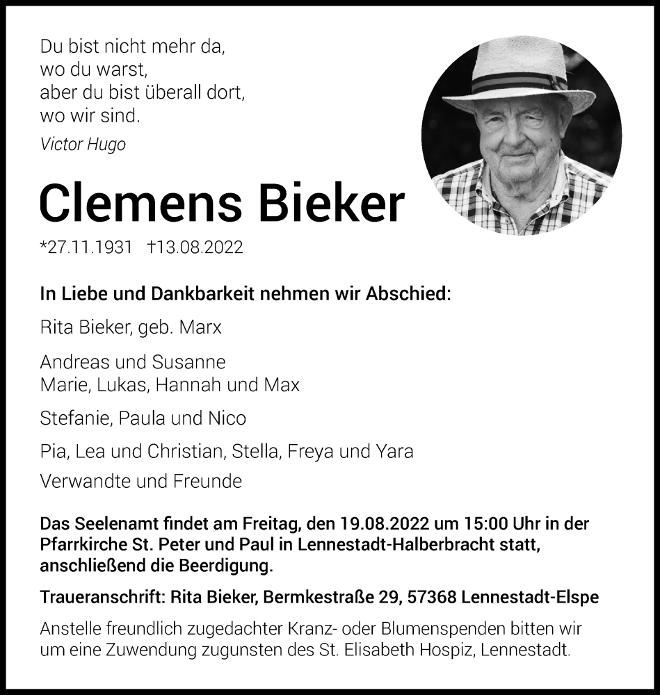  Traueranzeige für Clemens Bieker vom 16.08.2022 aus waz