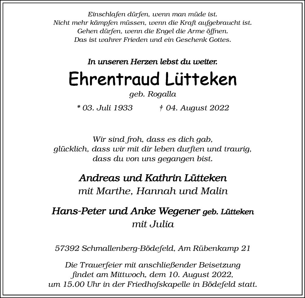  Traueranzeige für Ehrentraud Lütteken vom 09.08.2022 aus waz