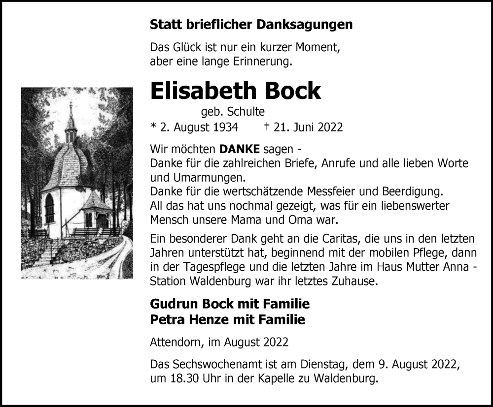  Traueranzeige für Elisabeth Bock vom 06.08.2022 aus waz
