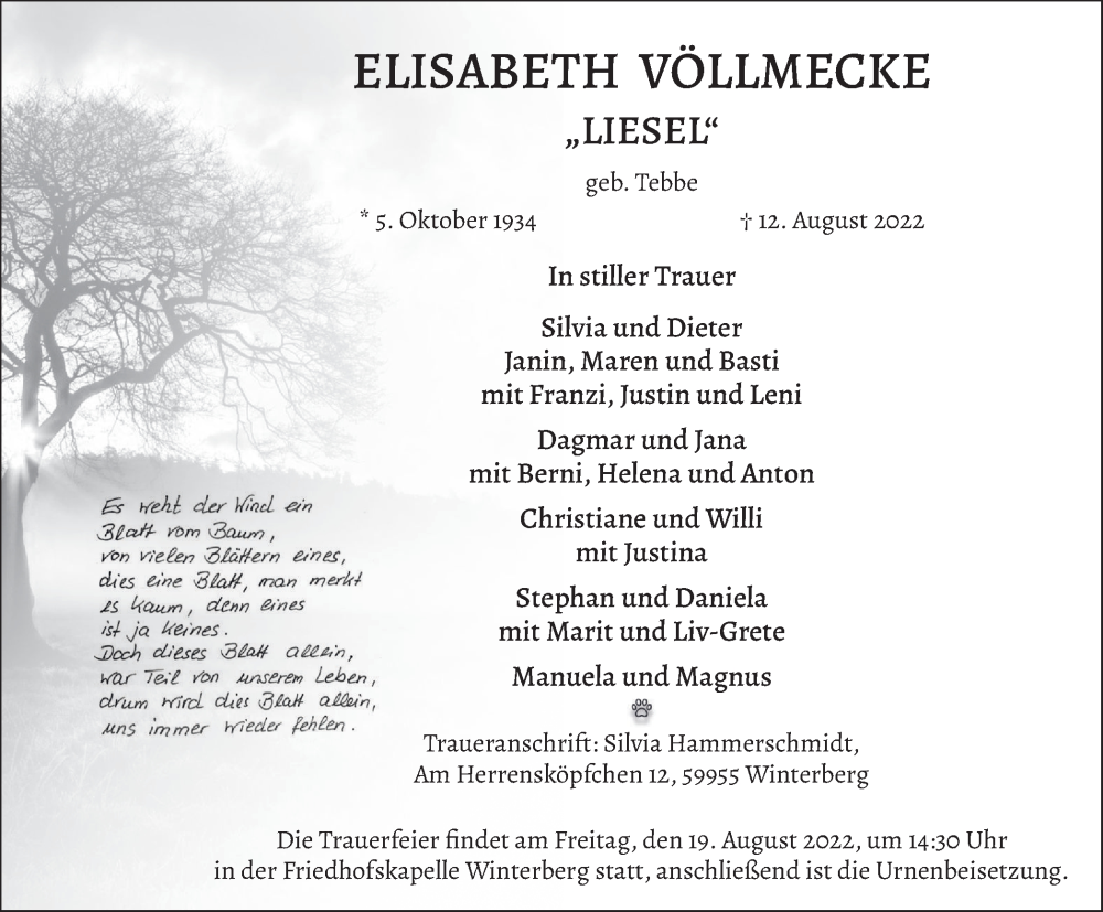  Traueranzeige für Elisabeth Völlmecke vom 16.08.2022 aus waz