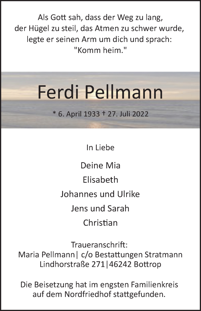  Traueranzeige für Ferdi Pellmann vom 06.08.2022 aus waz