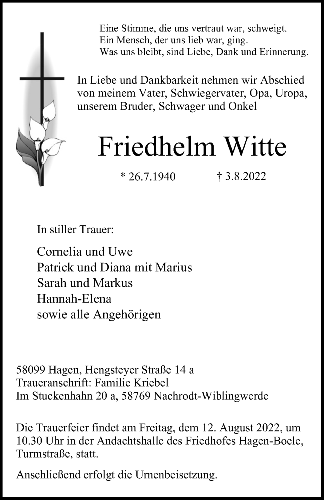  Traueranzeige für Friedhelm Witte vom 06.08.2022 aus waz