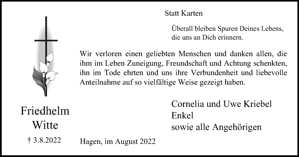  Traueranzeige für Friedhelm Witte vom 20.08.2022 aus waz