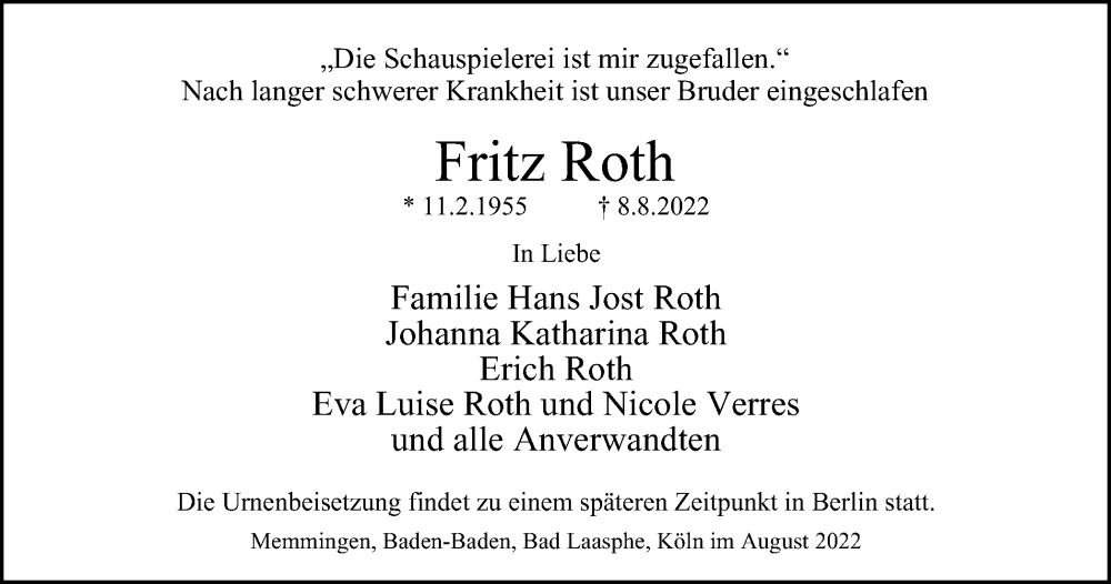  Traueranzeige für Fritz Roth vom 11.08.2022 aus waz