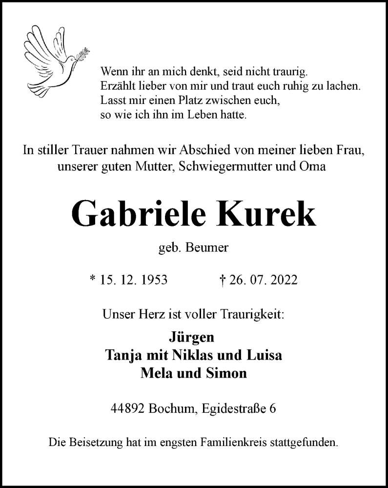  Traueranzeige für Gabriele Kurek vom 05.08.2022 aus waz