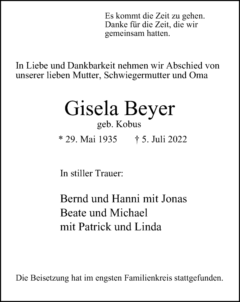  Traueranzeige für Gisela Beyer vom 30.07.2022 aus waz
