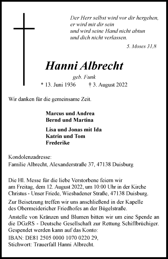  Traueranzeige für Hanni Albrecht vom 06.08.2022 aus waz