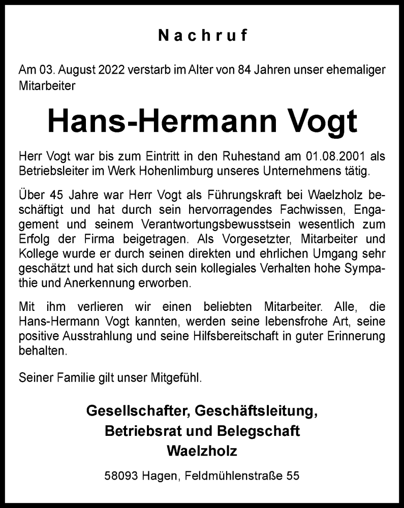  Traueranzeige für Hans-Hermann Vogt vom 10.08.2022 aus waz