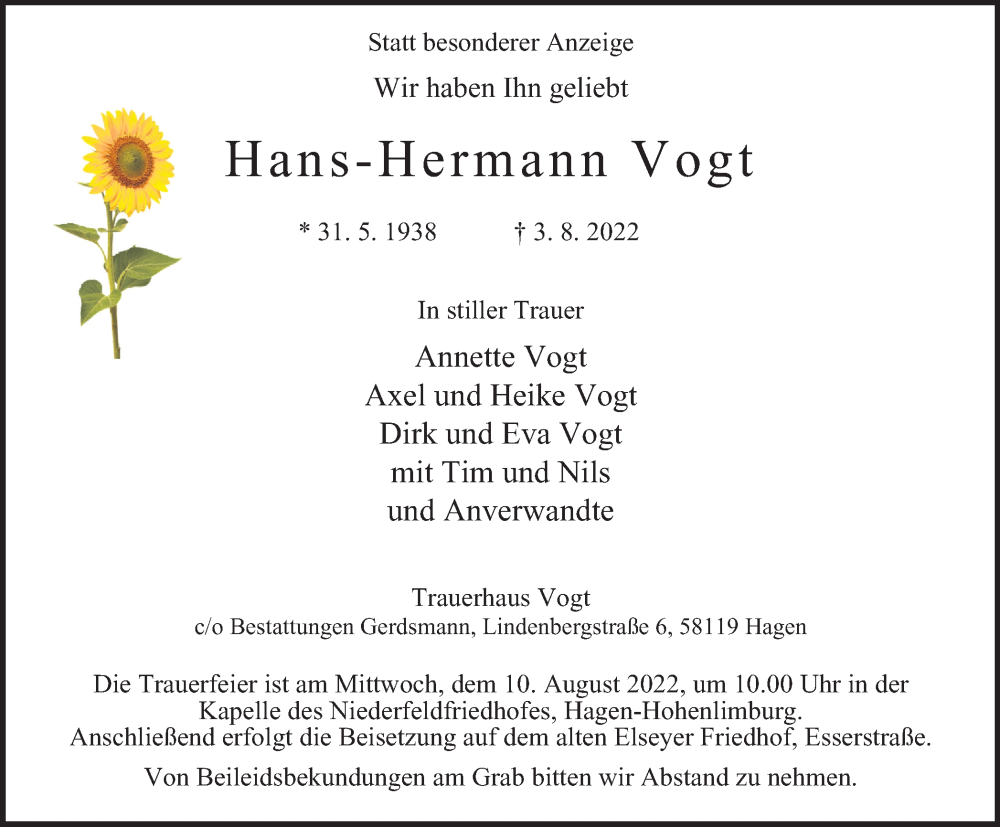  Traueranzeige für Hans-Hermann Vogt vom 06.08.2022 aus waz