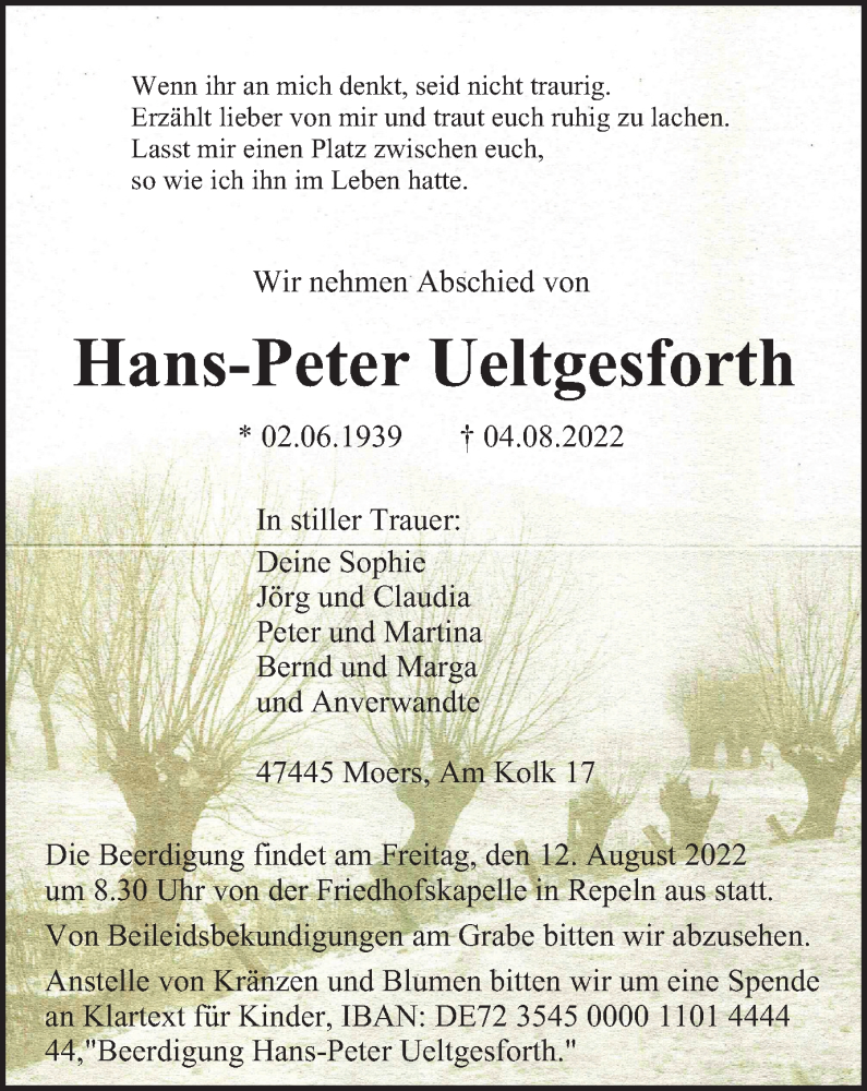  Traueranzeige für Hans-Peter Ueltgesforth vom 09.08.2022 aus waz