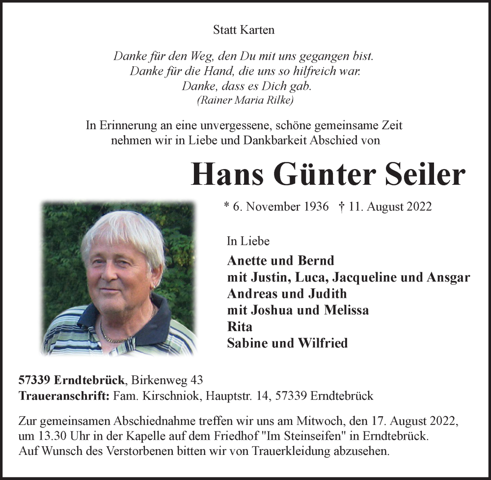  Traueranzeige für Hans Günter Seiler vom 13.08.2022 aus waz