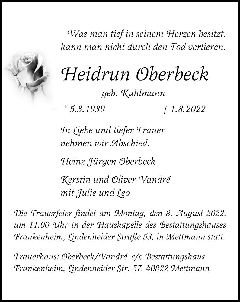  Traueranzeige für Heidrun Oberbeck vom 06.08.2022 aus Tageszeitung