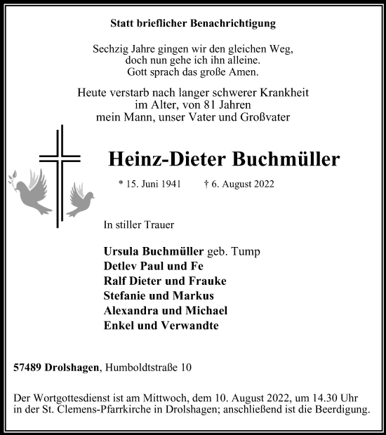 Traueranzeige von Heinz-Dieter Buchmüller von waz