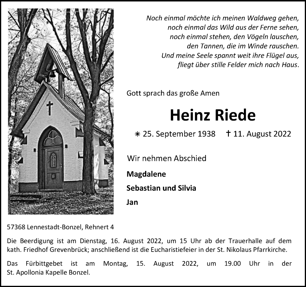  Traueranzeige für Heinz Riede vom 13.08.2022 aus waz