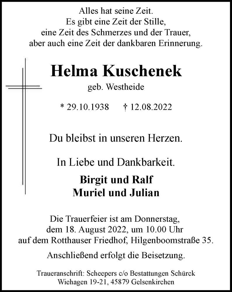  Traueranzeige für Helma Kuschenek vom 16.08.2022 aus waz