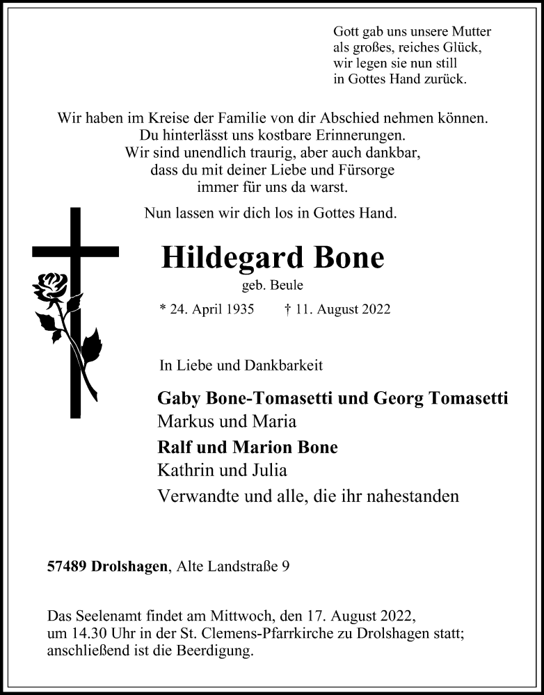  Traueranzeige für Hildegard Bone vom 13.08.2022 aus waz