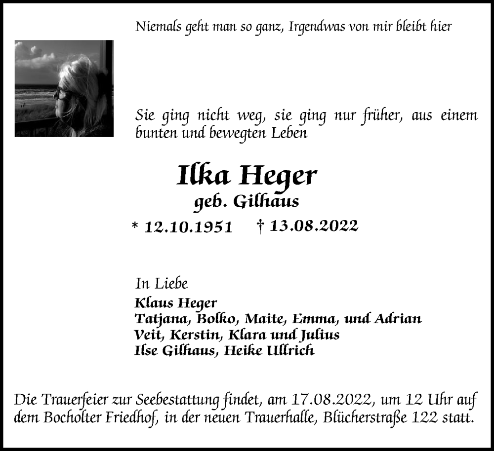  Traueranzeige für Ilka Heger vom 16.08.2022 aus Tageszeitung