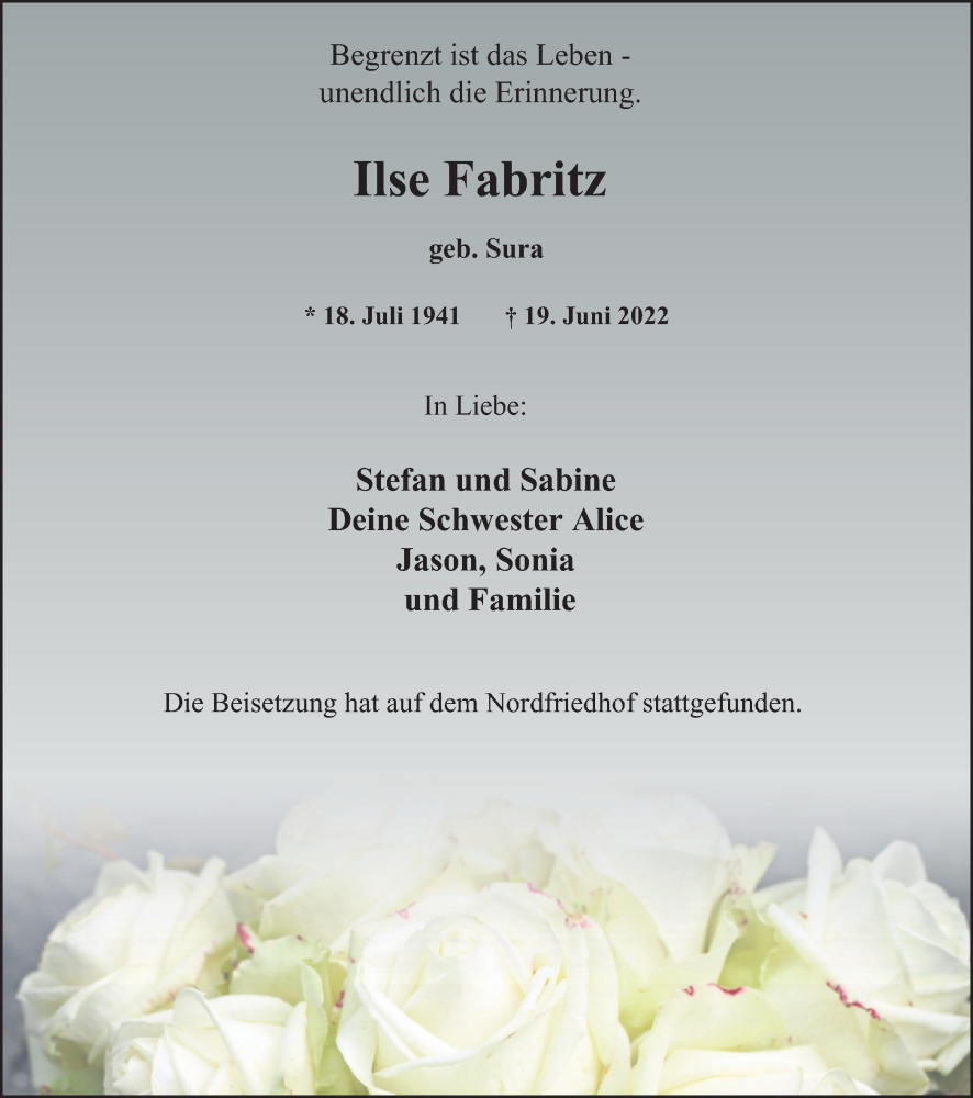  Traueranzeige für Ilse Fabritz vom 05.08.2022 aus Tageszeitung