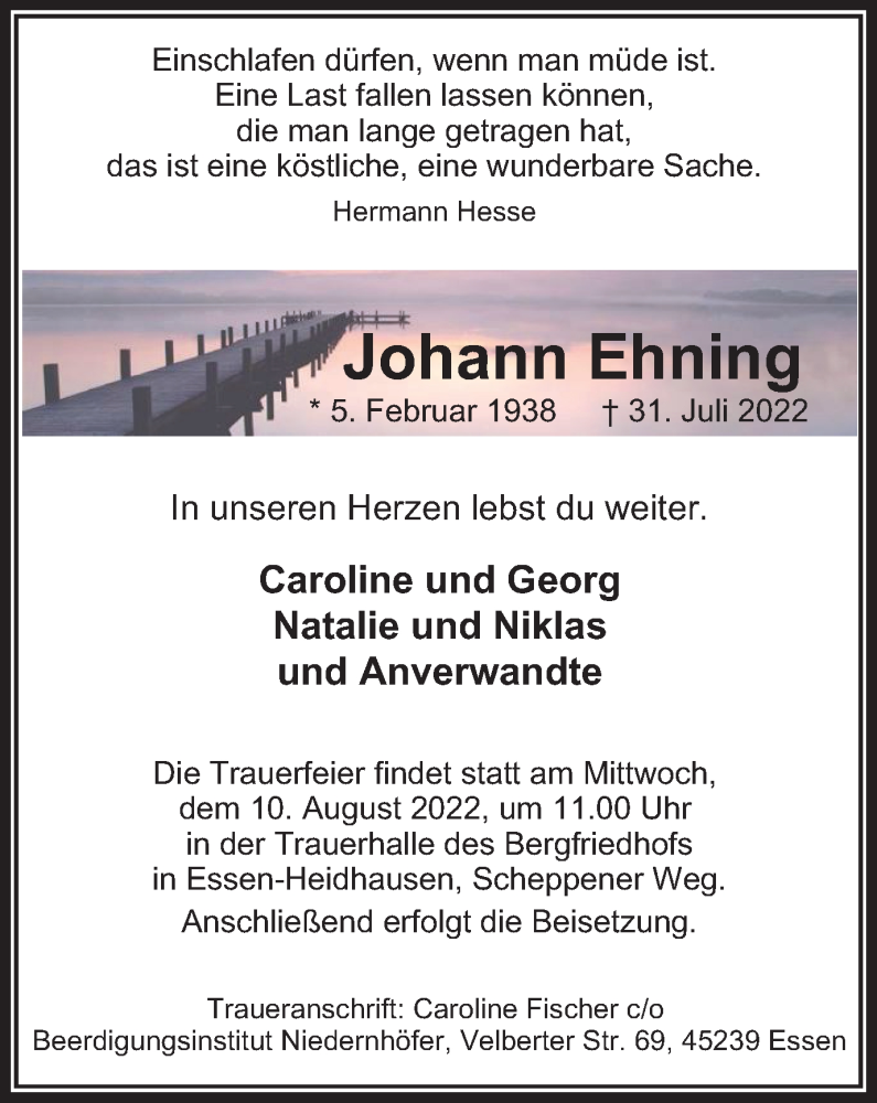  Traueranzeige für Johann Ehning vom 05.08.2022 aus waz