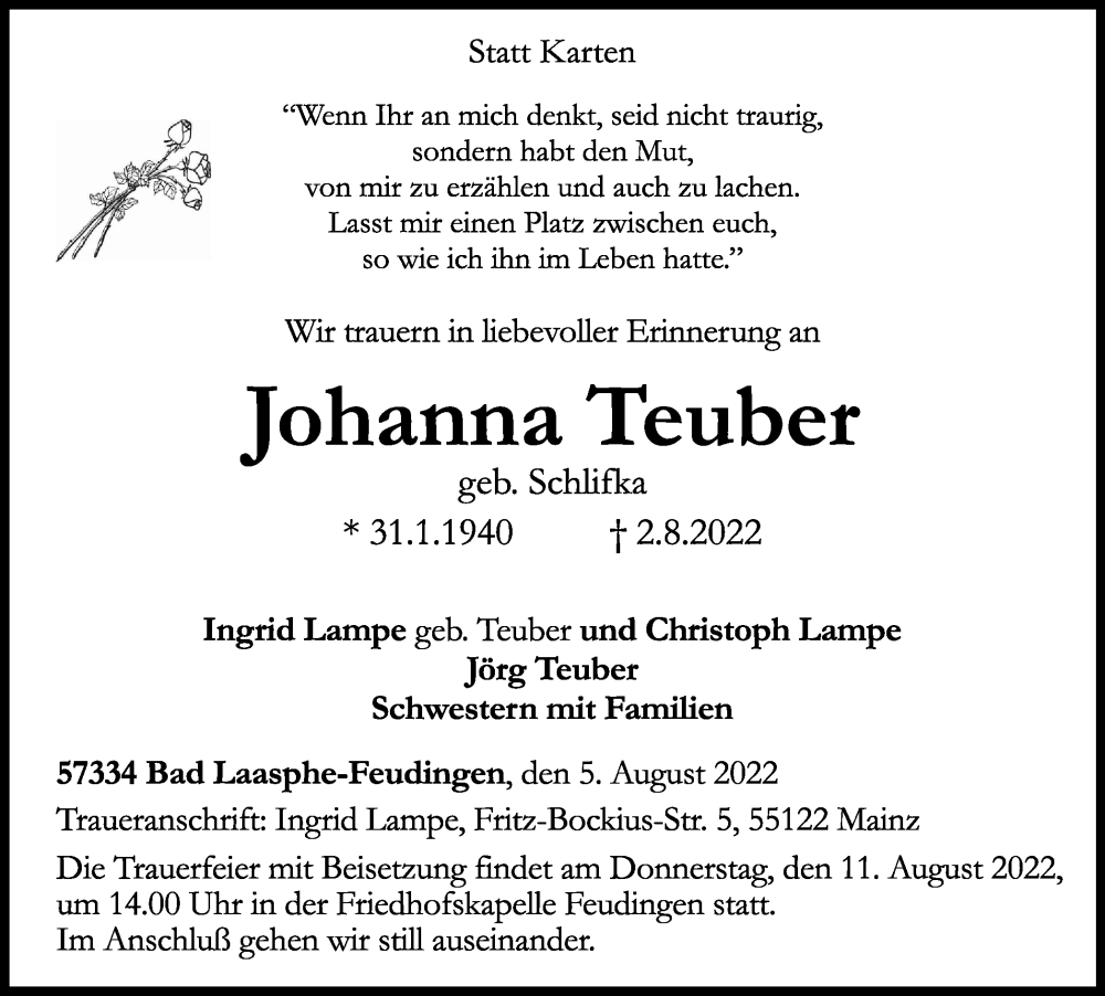  Traueranzeige für Johanna Teuber vom 05.08.2022 aus Tageszeitung