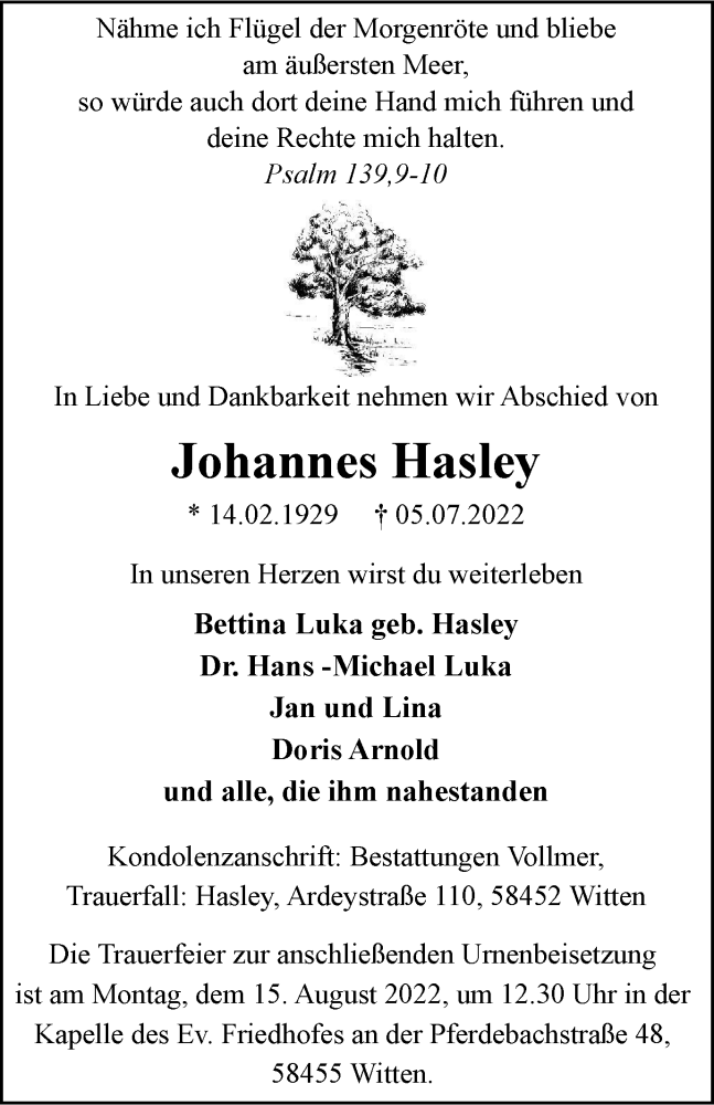  Traueranzeige für Johannes Hasley vom 30.07.2022 aus waz