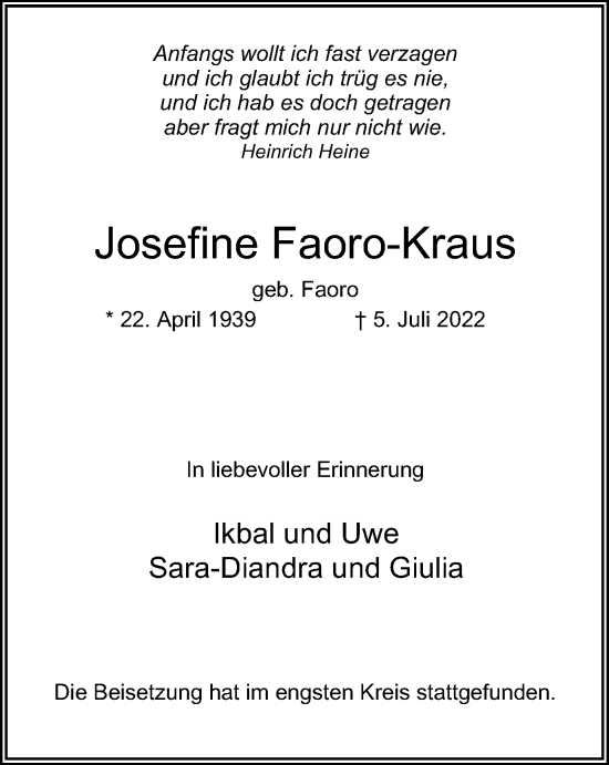 Traueranzeige von Josefine Faoro-Kraus von waz