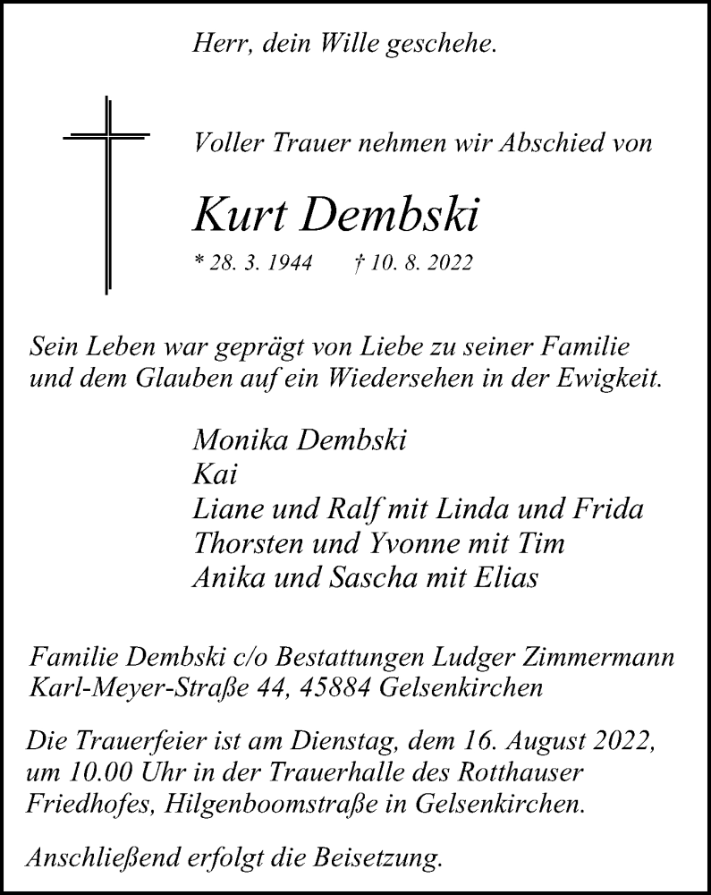  Traueranzeige für Kurt Dembski vom 11.08.2022 aus waz