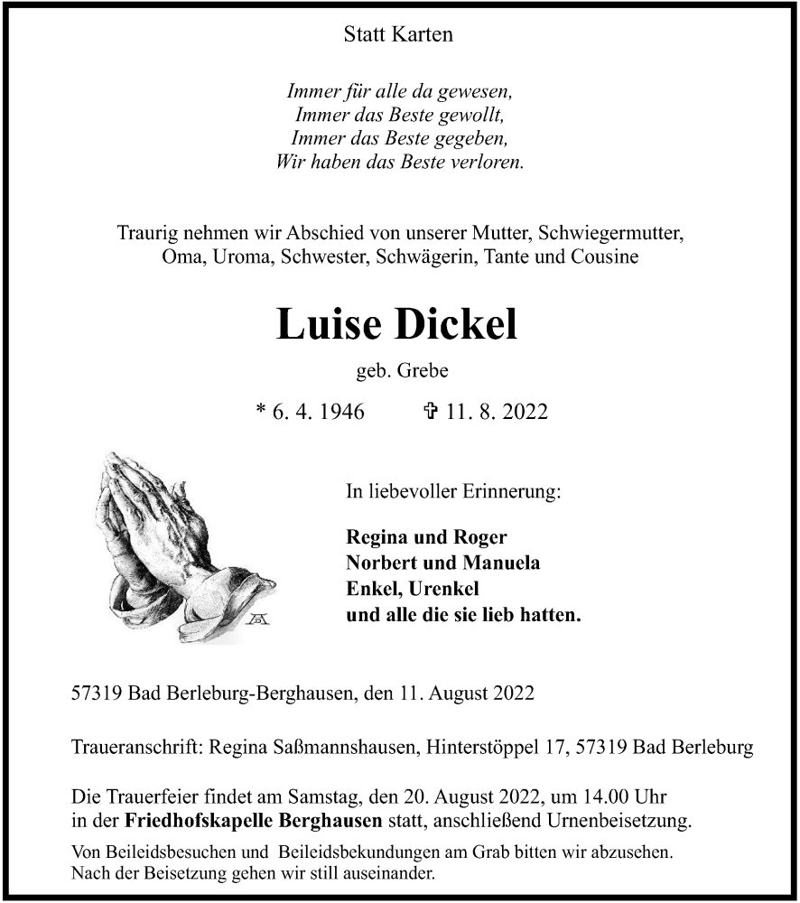 Traueranzeige für Luise Dickel vom 16.08.2022 aus waz