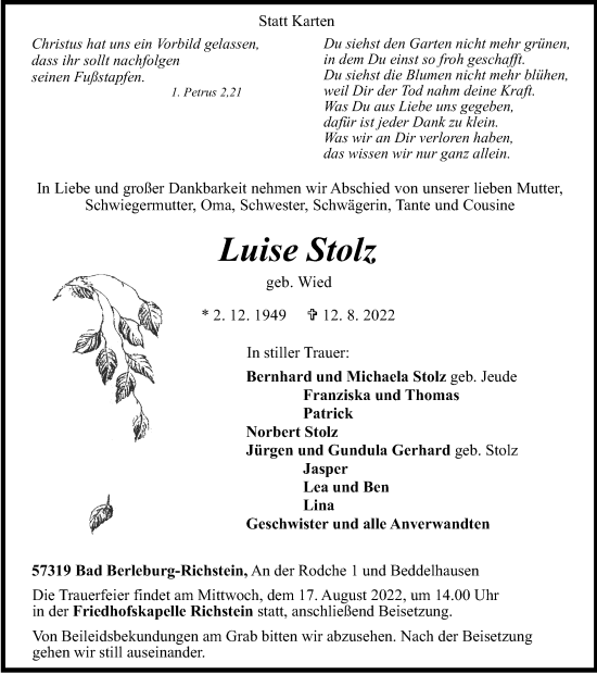 Traueranzeige von Luise Stolz von waz