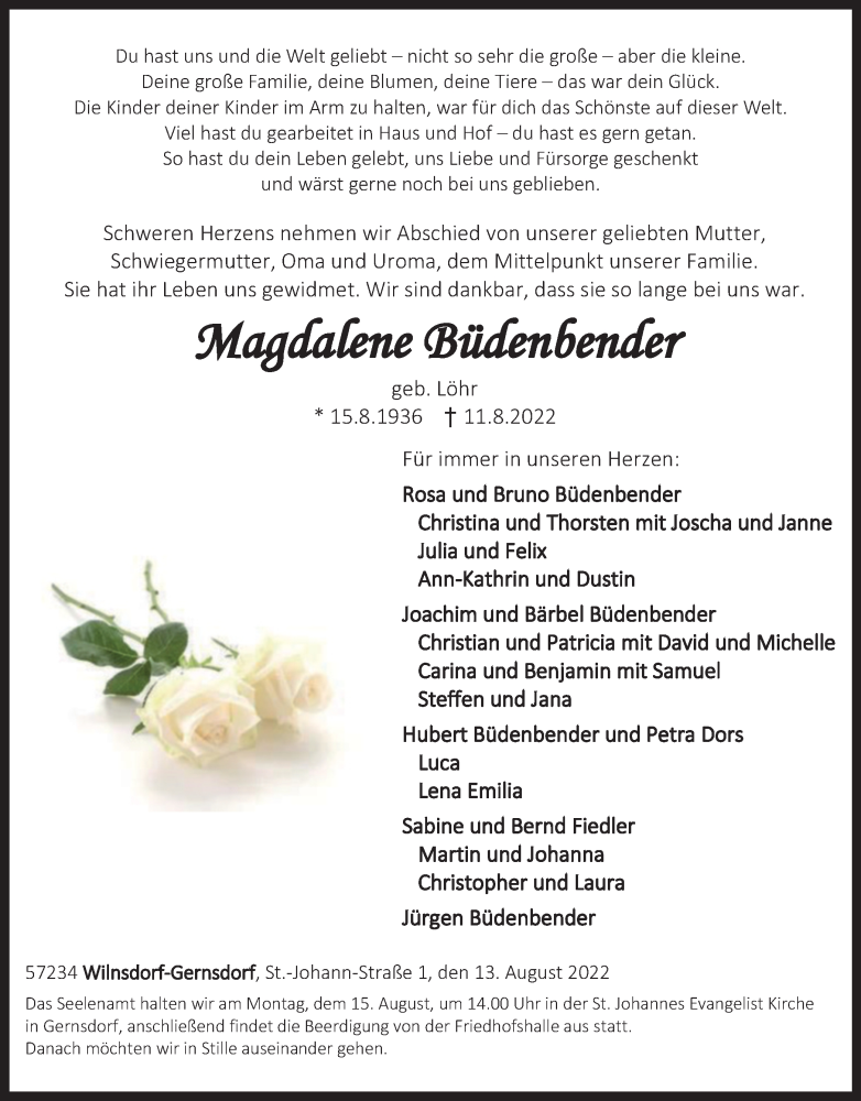  Traueranzeige für Magdalene Büdenbender vom 13.08.2022 aus waz