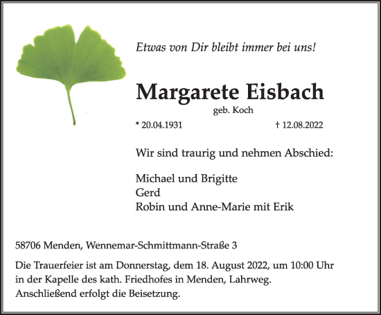 Traueranzeige von Margarete Eisbach von waz