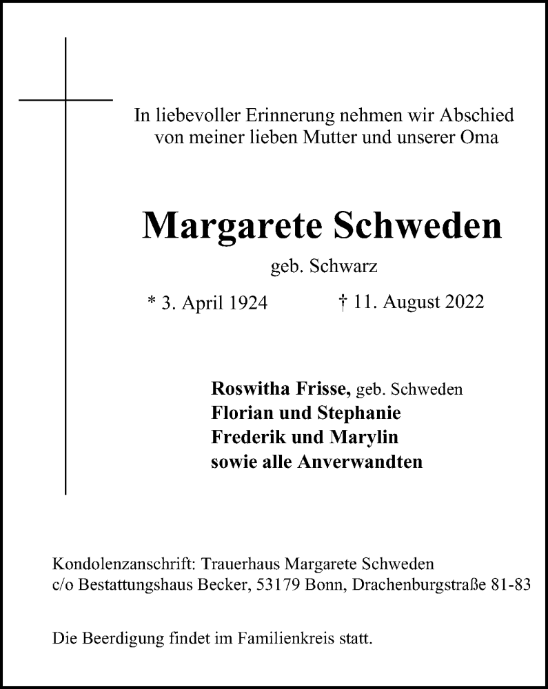  Traueranzeige für Margarete Schweden vom 13.08.2022 aus Tageszeitung