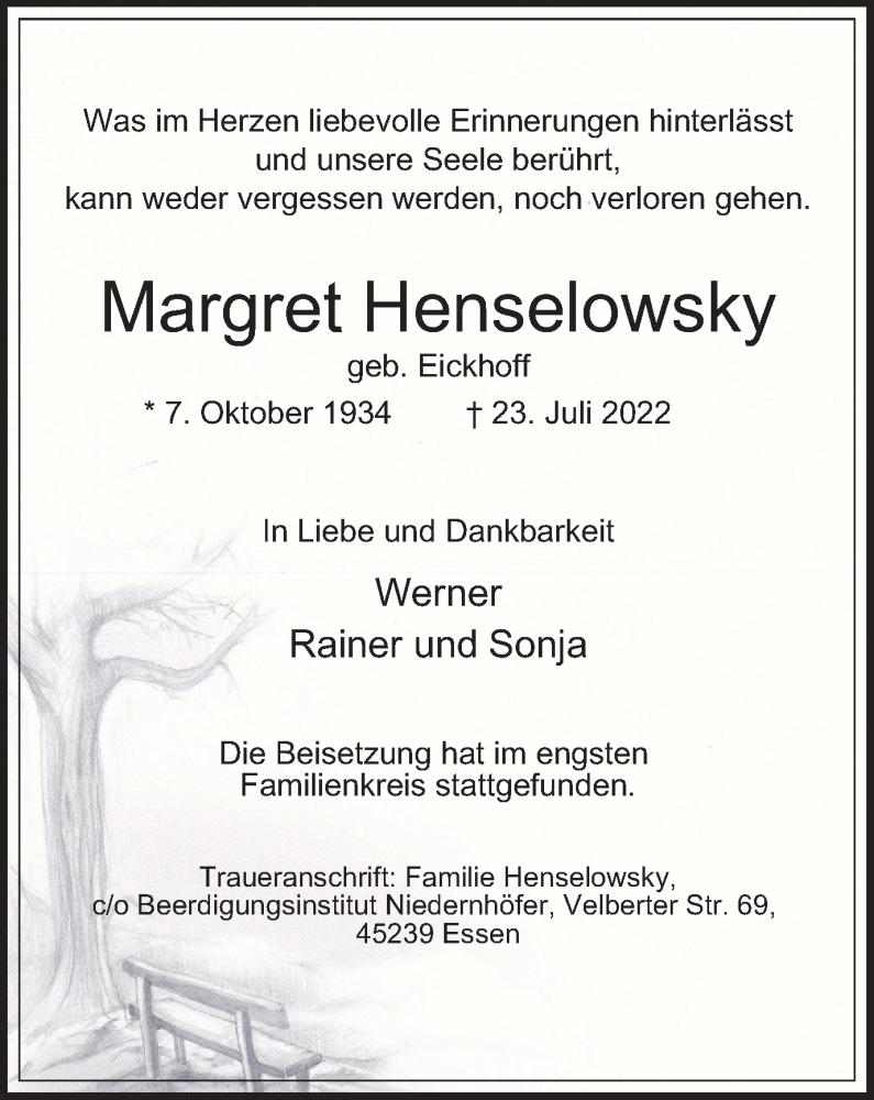  Traueranzeige für Margret Henselowsky vom 05.08.2022 aus waz