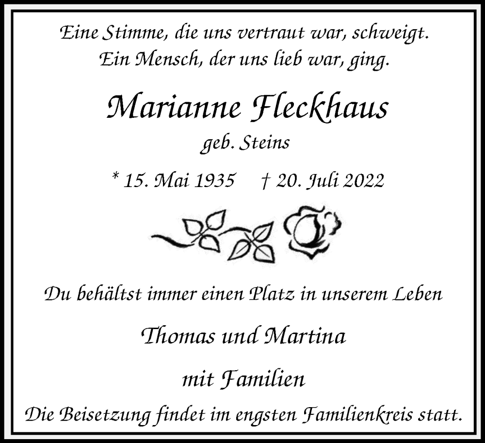  Traueranzeige für Marianne Fleckhaus vom 05.08.2022 aus Tageszeitung
