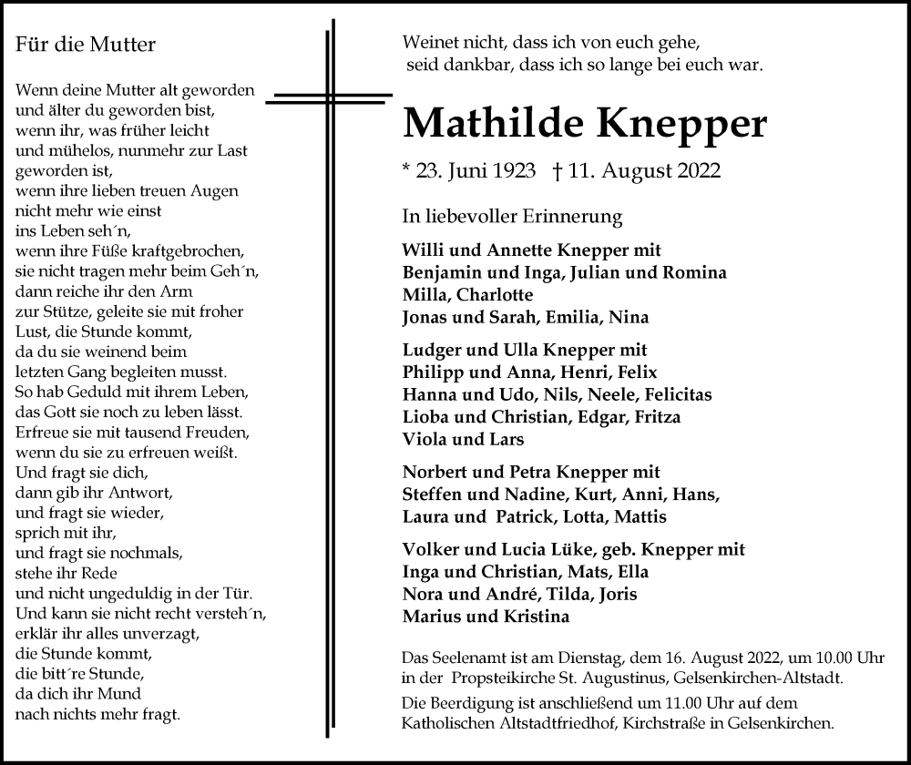  Traueranzeige für Mathilde Knepper vom 13.08.2022 aus waz