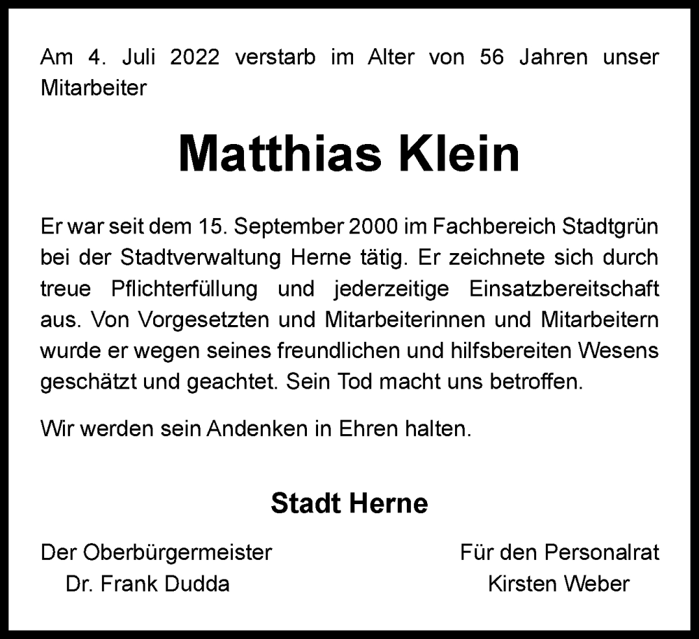  Traueranzeige für Matthias Klein vom 05.08.2022 aus waz