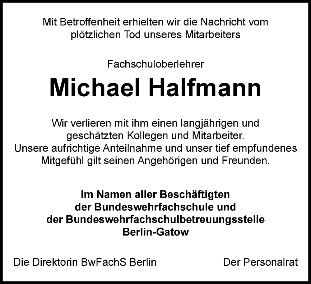  Traueranzeige für Michael Halfmann vom 20.08.2022 aus Tageszeitung