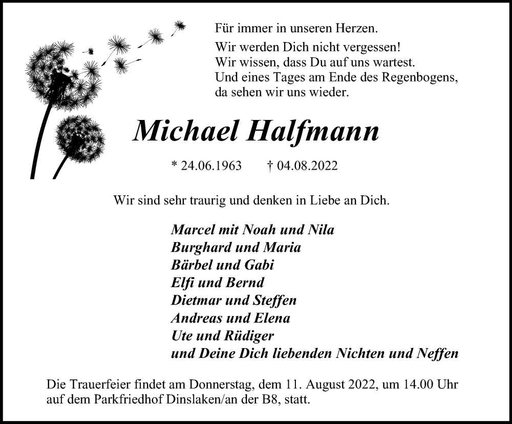  Traueranzeige für Michael Halfmann vom 10.08.2022 aus waz