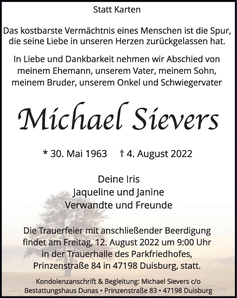  Traueranzeige für Michael Sievers vom 10.08.2022 aus waz