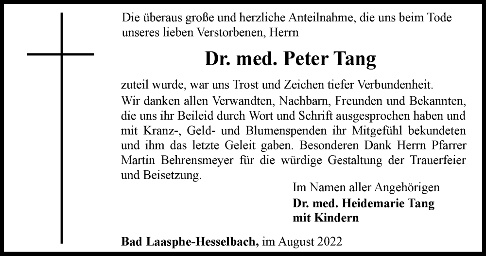  Traueranzeige für Peter Tang vom 06.08.2022 aus waz