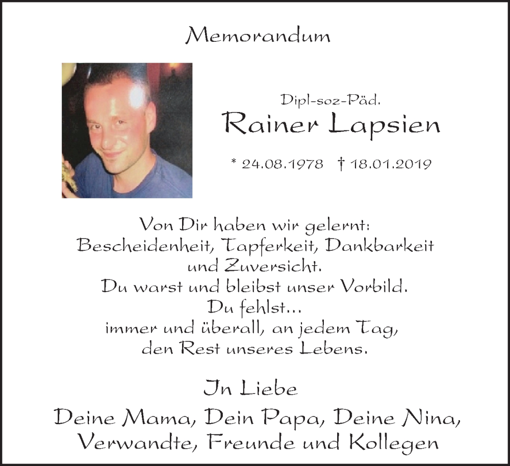  Traueranzeige für Rainer Lapsien vom 24.08.2022 aus Tageszeitung