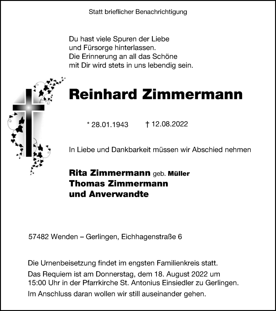  Traueranzeige für Reinhard Zimmermann vom 16.08.2022 aus waz
