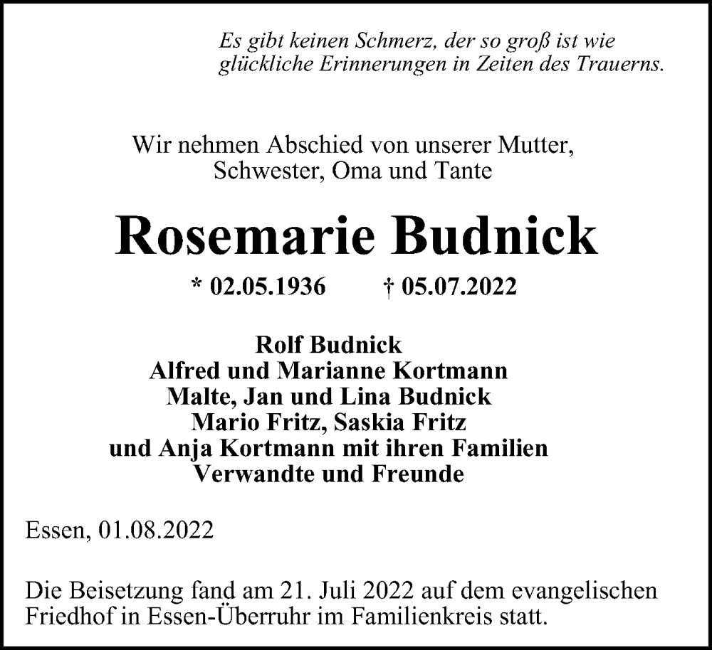  Traueranzeige für Rosemarie Budnick vom 03.08.2022 aus waz