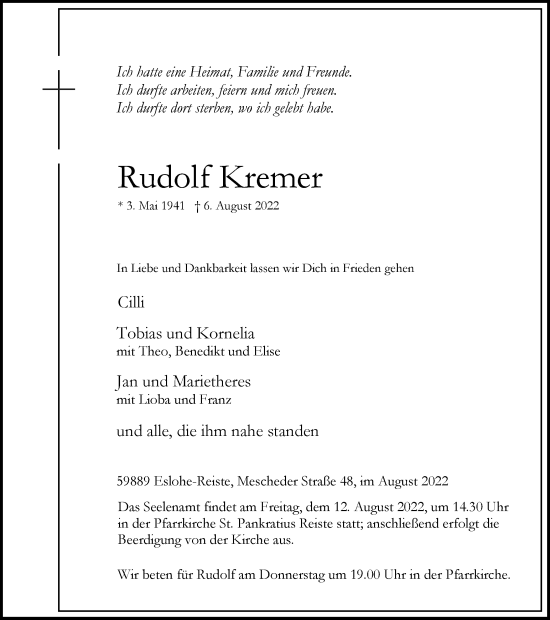 Traueranzeige von Rudolf Kremer von waz