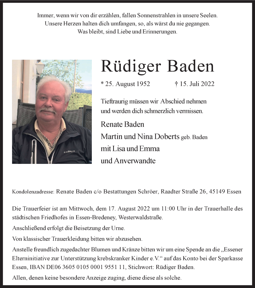 Traueranzeige für Rüdiger Baden vom 13.08.2022 aus Tageszeitung