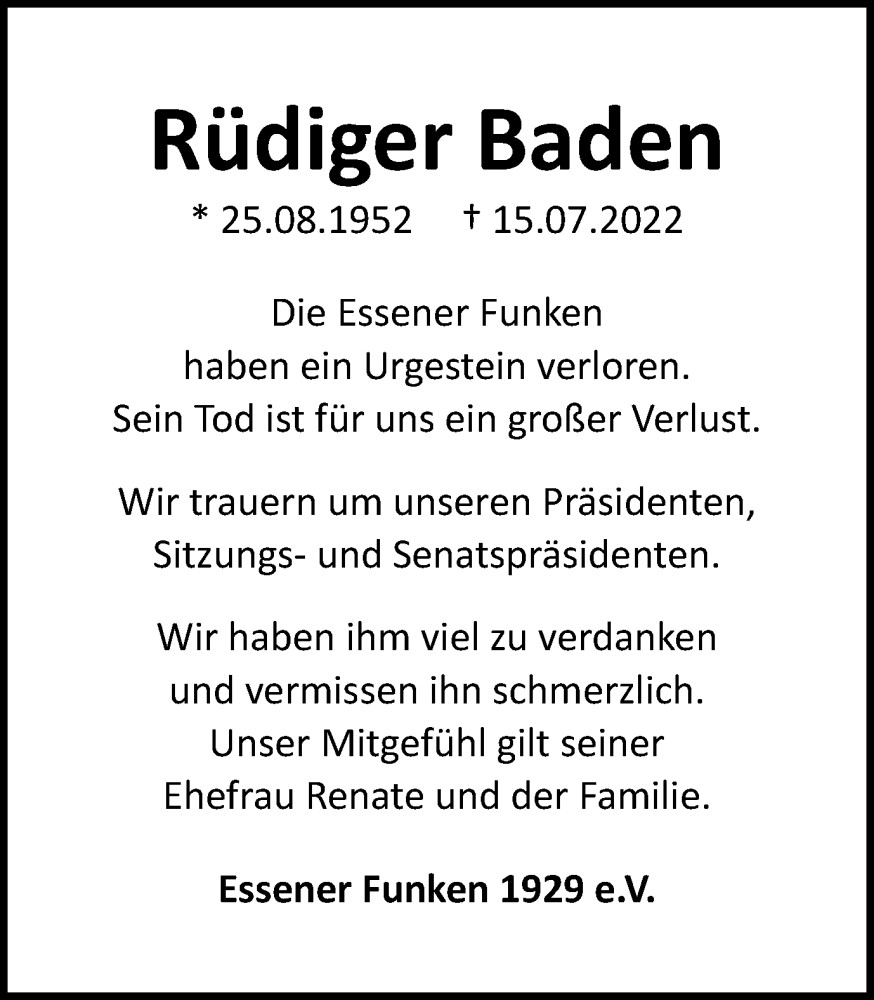  Traueranzeige für Rüdiger Baden vom 13.08.2022 aus Tageszeitung