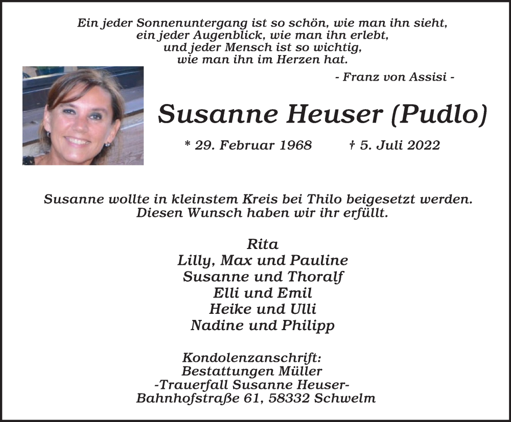  Traueranzeige für Susanne Heuser vom 30.07.2022 aus waz
