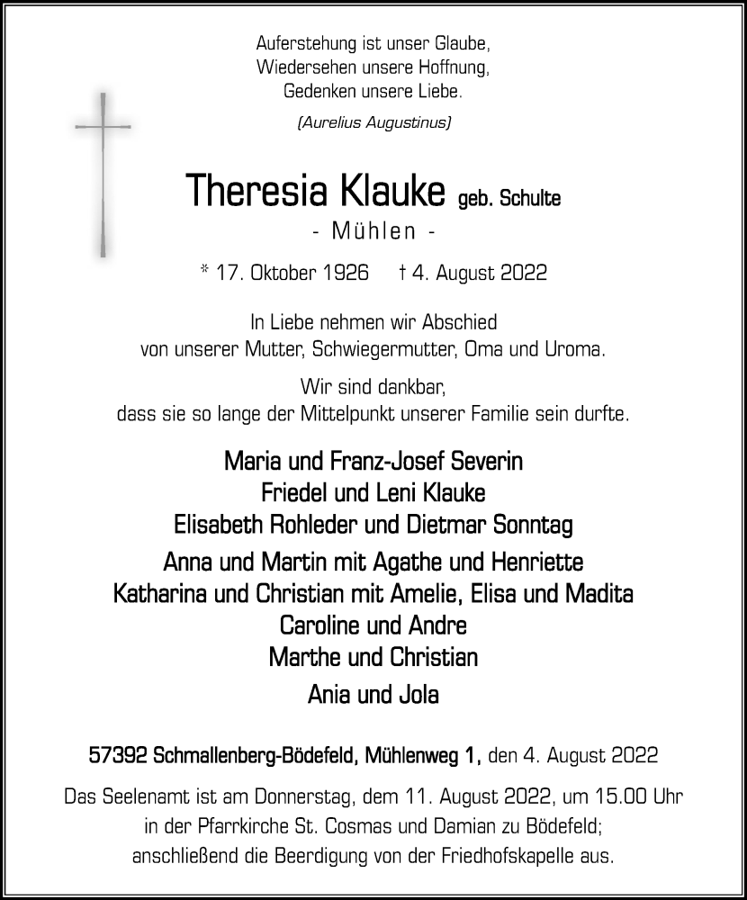  Traueranzeige für Theresia Klauke vom 09.08.2022 aus waz