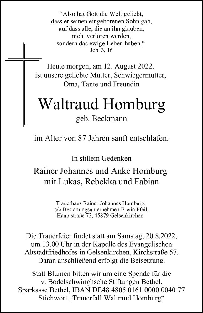  Traueranzeige für Waltraud Homburg vom 13.08.2022 aus waz