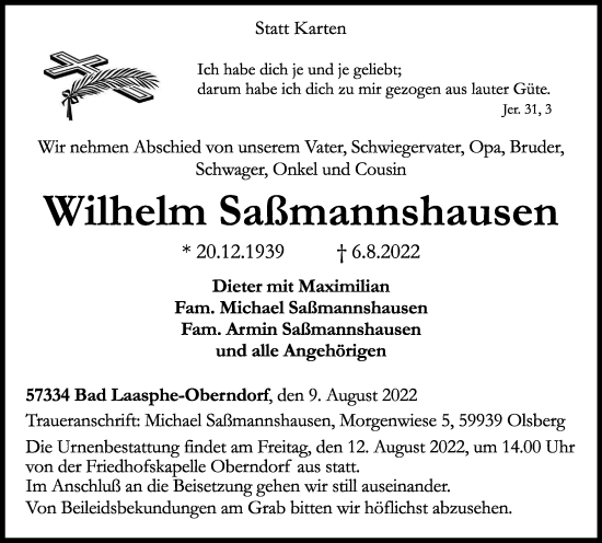 Traueranzeige von Wilhelm Saßmannshausen von waz